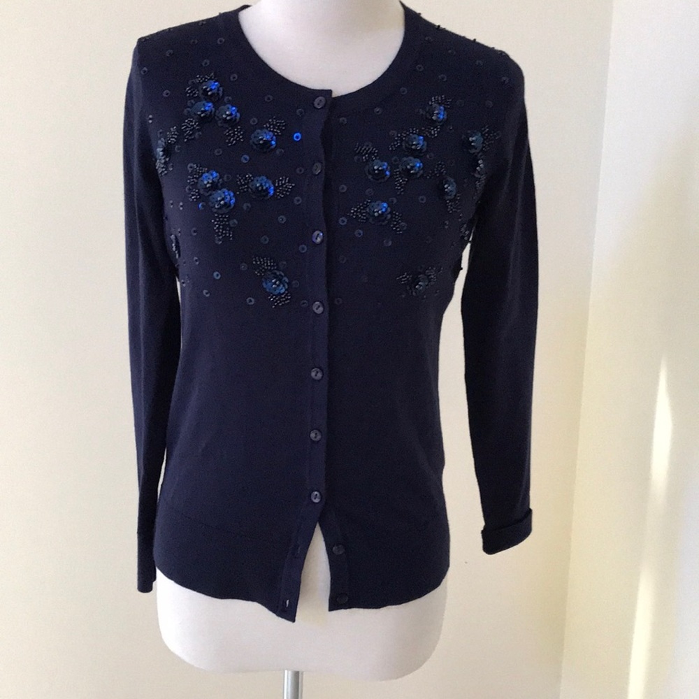 New! Charter club small intrepid blue sequined and beaded cardigan.